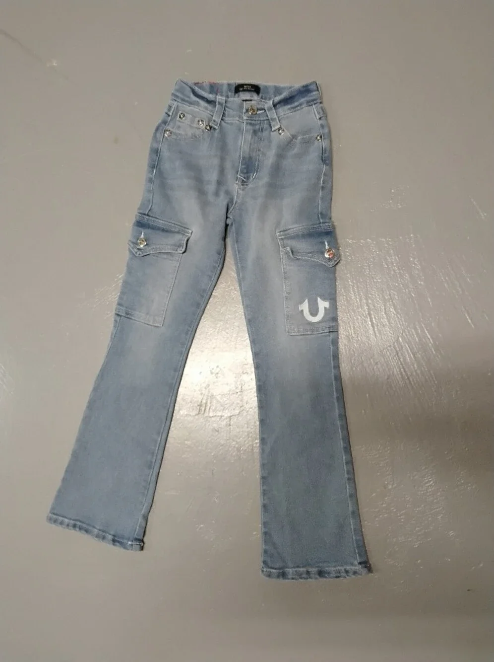 True Relegon BECCA Light Blue High Ries Boot Cut Cargo Jeans